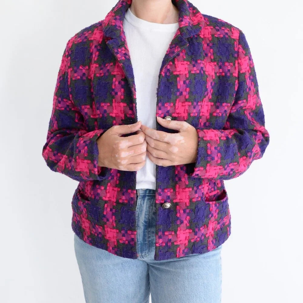 Vintage Collections Purple Pink 25% Wool Cross Plaid Houndstooth Blazer 12 - Picture 2 of 14